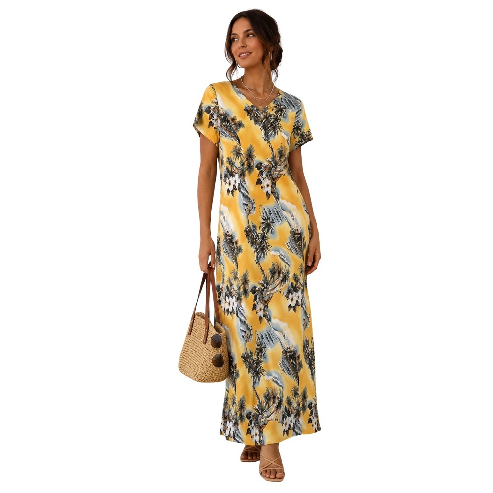 Hilo Hattie Hawaiian Dress XS Yellow Tropical Palm Tree Resortwear Vacation